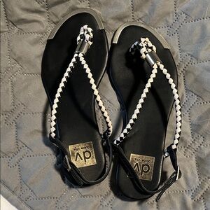 Dolce Vita Black and White Braided Toe-Post Sandals with Metallic Accent